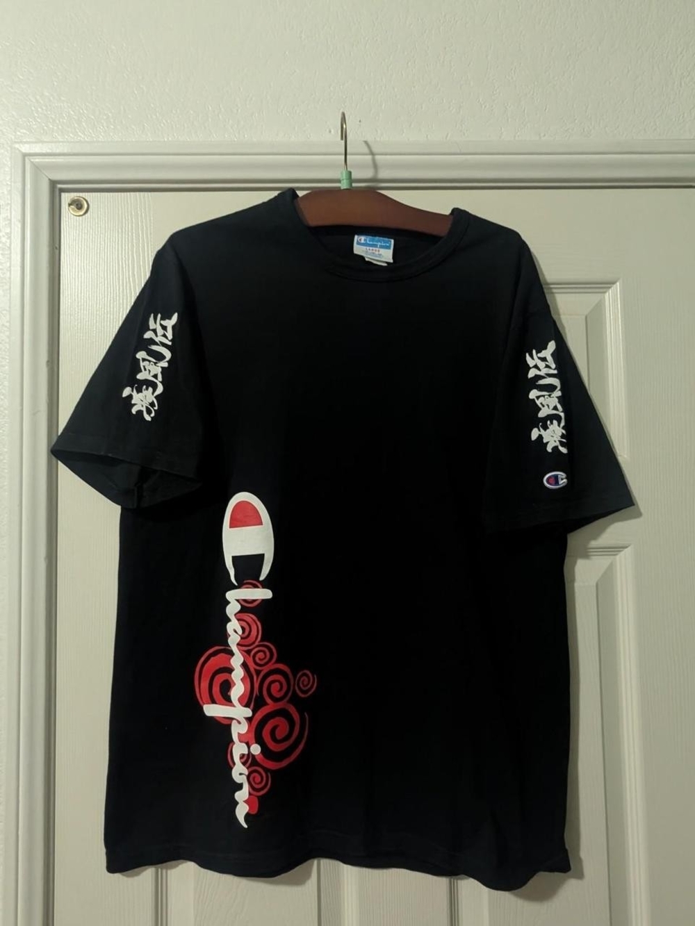 Champion Black Short-Sleeve Tee with Red and White Graphic